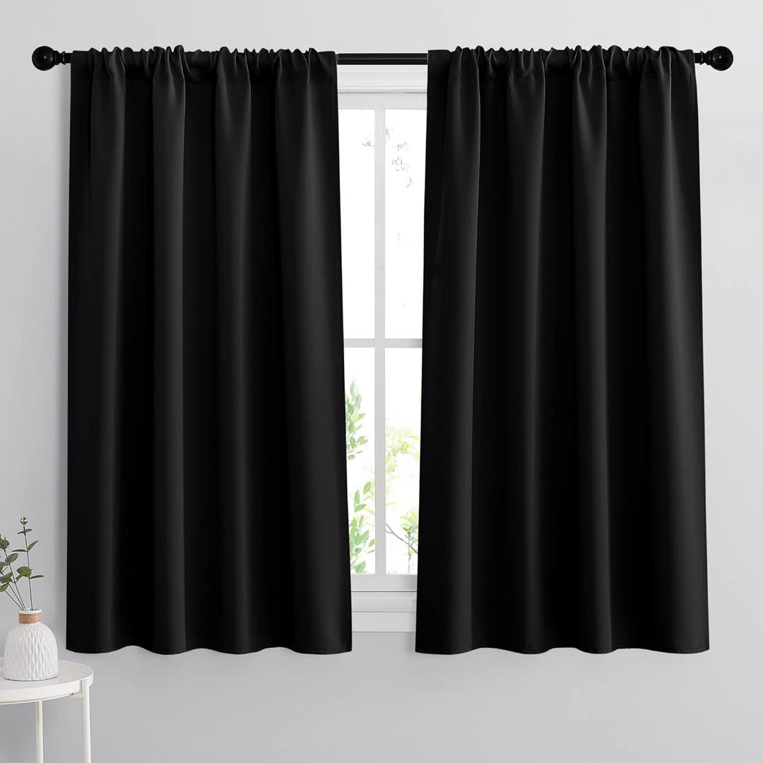 RYB HOME Bedroom Blackout Curtains 45 inches Length - Black Curtains Light UV Block Insulated Energy Saving Drapes for Bedroom Dining Living Room, 42 x 45 inches Long, Black, Set of 2