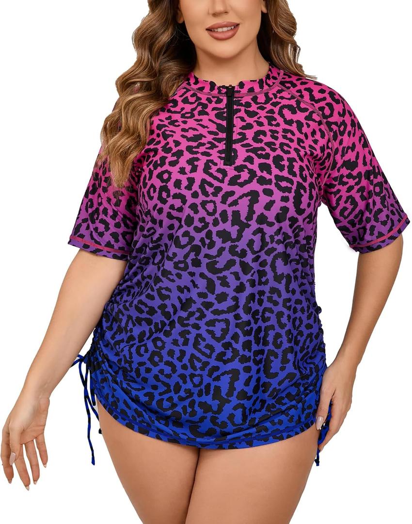 Halcurt Women's Plus Size Half Zip Short Sleeve Rash Guard Swim Top Drawstring Swim Shirt UPF50+ Swimsuit (3X, Pink Blue Leopard)