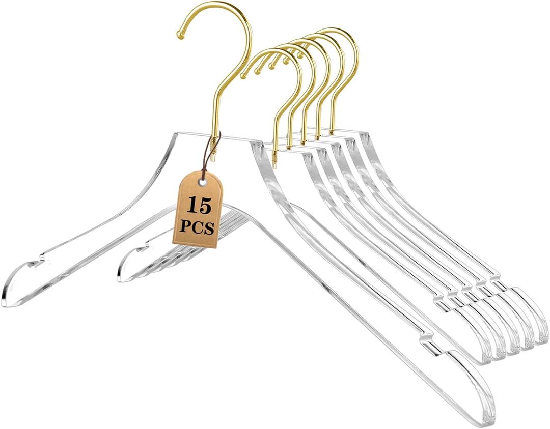 Besser 15 Pack Acrylic Hangers with Gold,Acrylic Clear Hanger,Premium Crystal Dress Hangers Swivel Gold Hook Luxurious Shiny Clothes Hangers(Clear-Style A)