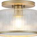 Glass Ceiling Light, Clear Ribbed Glass Ceiling Light Fixture with Gold Metal Frame, Modern Semi Flush Mount Ceiling Light for Hallway,Entryway, Bedroom, Bathroom, Kitchen