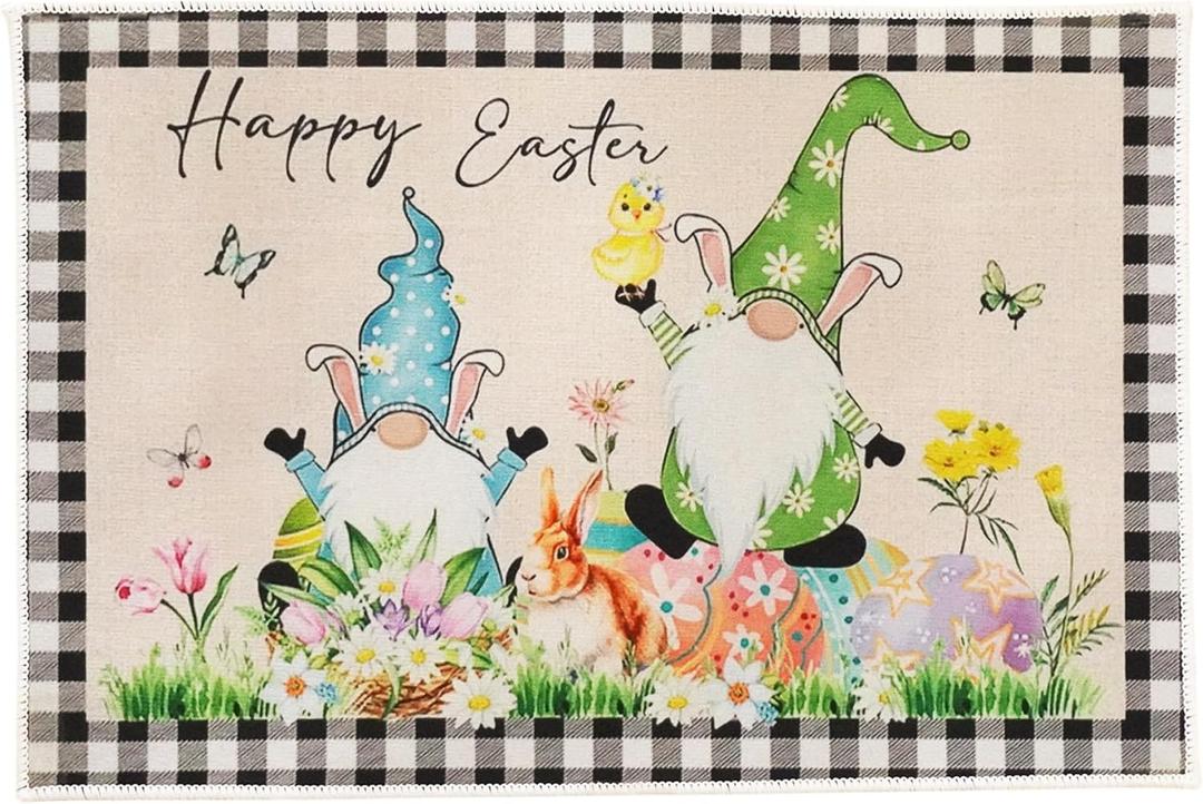 Easter Gnomes Decorative Kitchen Rugs, Spring Happy Easter Egg Bunny Floor Mats Non-Slip Washable Carpet - 16x24 Inch, Black
