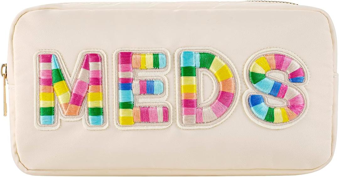 Personalized Chenille Letter Patch MEDS Bag, Cute Nylon Drug Medicine Travel Makeup Bag with Zipper, Preppy Vitamin Organizer Bag for Women and Girls (Beige-Rainbow)
