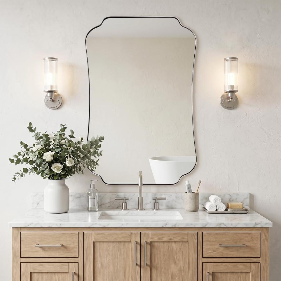MIRRORART Brushed Nickel Bathroom Mirror for Wall, 24x36’’ Scalloped Mirror