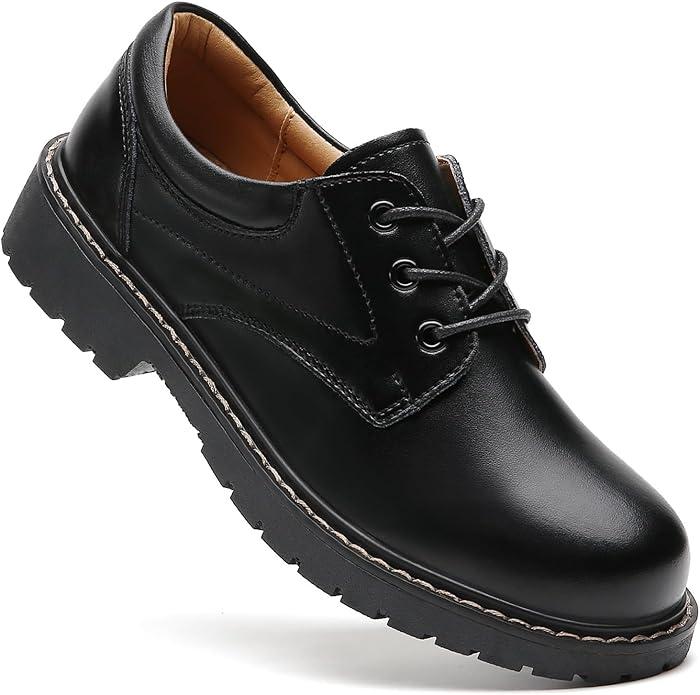 IUY Black Oxford Shoes for Women Chunky Leather Lace-Up Server Work Office Non Slip Dress Saddle Flat Oxford Classic Comfortable Business Shoe for Ladies US 6.5