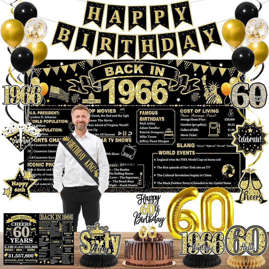 60th Birthday Decorations for Men, Black Gold Back in 1966 Party Supplies with Banner, Backdrop, Sash, Balloons, Cake Topper, Honeycomb Centerpieces, Happy 60th Birthday Decorations Kit