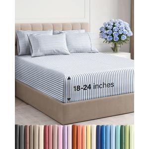 Extra Deep Queen Sheet Set - 6 Piece Breathable and Cooling Sheets - Hotel Luxury Bedding for Women, Men, Kids & Teens - Easy Secure Fit - Soft and Wrinkle Free with Extra Deep Pockets - Blue Stripes  