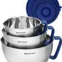 Rorence Mixing Bowls Set: Stainless Steel Non-Slip Bowls with Pour Spout, Handle and Lid - Set of 3 - Blue
