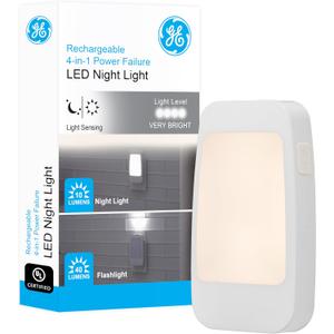 GE 4-in-1 LED Power Failure Night Light, Dusk-to-Dawn Sensor, Foldable Plug, Portable, Flashlight, Ideal for Storm, Outage, Emergency, Blackout, Hurricane, Tornado, White, 29679 (White Square)