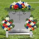 Yastouay 3 Sets Artificial Cemetery Flowers for Grave, Realistic Headstone Flower Saddle, Rose Lily Flowers for Memorial Cemetery Grave Tombstone Decorations (Red White Blue)