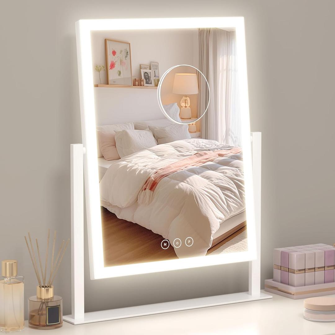 Acoolda Vanity Mirror with Lights,16.9"x 14" Lighted Makeup Mirror, Makeup Mirror with Lights,Three Color Lighting Modes, and 10X Magnification Mirror, Smart Touch Control, 360Rotation White