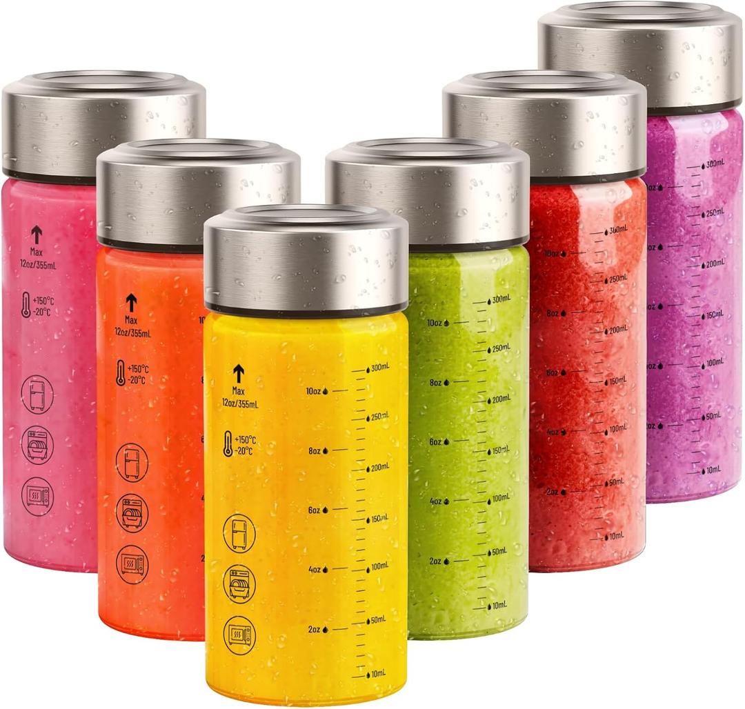 Sursip Glass Juice Bottles 6 Pack 12 oz  Wide Mouth Borosilicate Glass Bottles with Lids  Heat-Resistant, Leakproof, BPA Free, Reusable for Juicing, Smoothies, Milk, Protein Drinks, Water