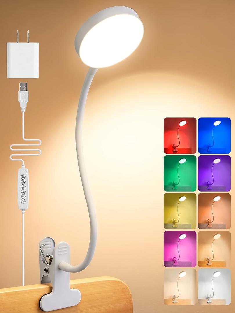 Clip on Light,10 Colors RGB Desk Lamp with Clamp,10 Dimmable Reading Lamp | 500 Lumen Eye-Caring Clip on Lamp,360 Adjustable Clip on Reading Light for Bed/Headboard/Bedside Table/Bedroom,USB Adapter