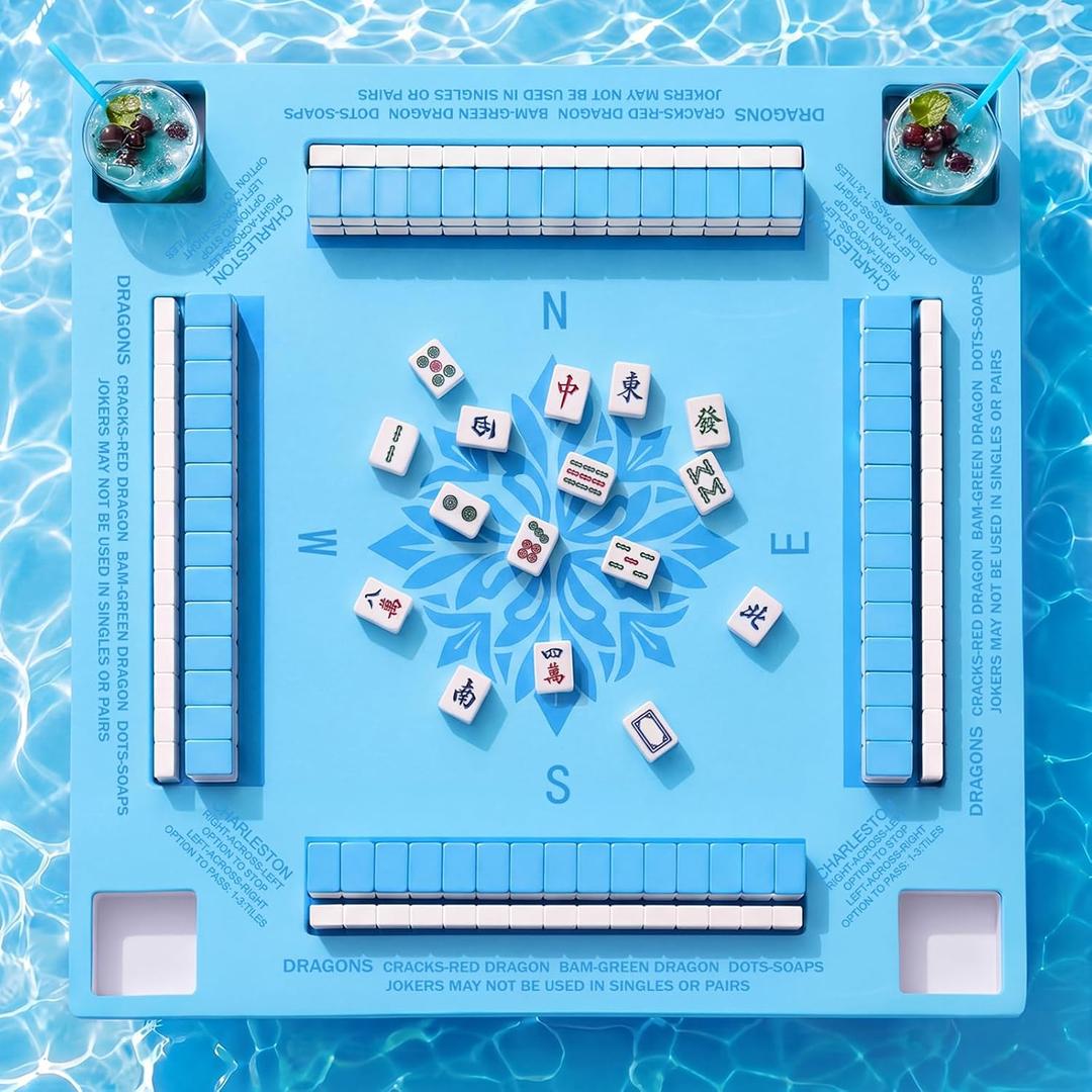 Arrowbash 24 x 24 Inch Floating Mahjong Table for Pool Float Mah Jong Board with Drinks Holders for Swimming Pool and Hot Tub Floating Card Games Tray for Dominoes Summer Beach Party Supplies (Blue)