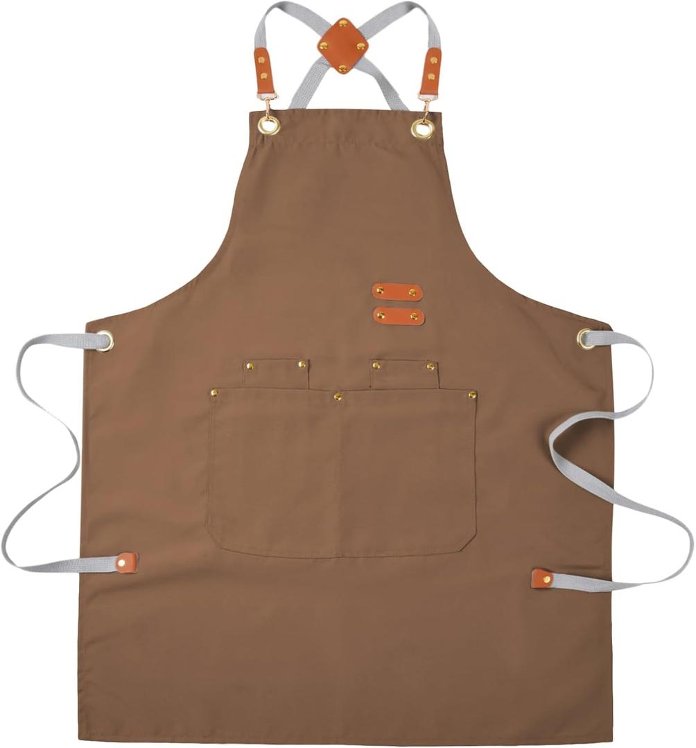 Aoomzoon Durable Kitchen Apron,Multifunctional Chef Aprons for Women & Men with Pockets for Cooking Baking & Daily Use (Brown)
