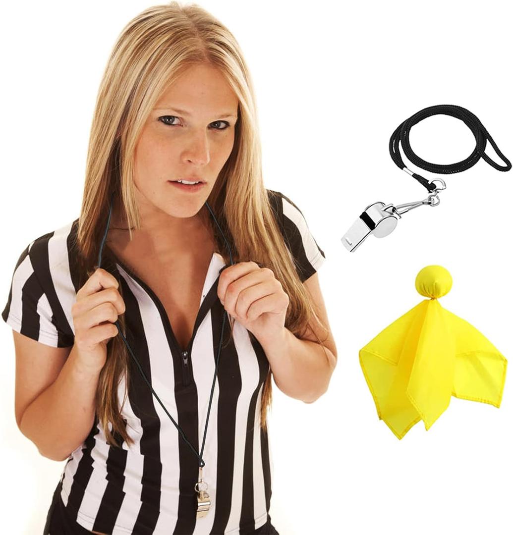 3 Pcs Women's Official Black & White Stripe Referee Shirt Zipper Collared V-Neck Referee Jersey ,Ref Whistle ,Yellow Penalty Flag for Basketball Football Soccer Refs Christmas Waitresses & Costume Size S