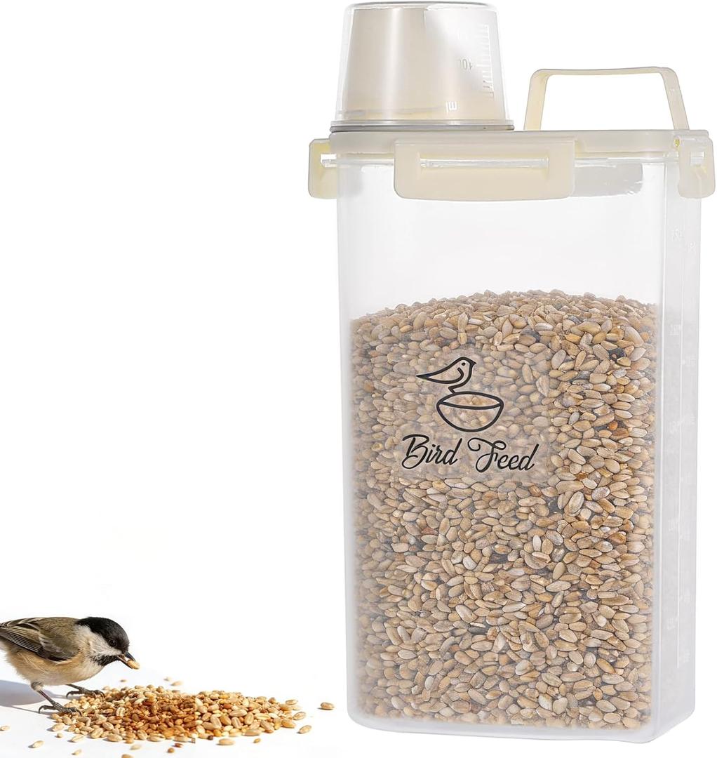 3.17 Qt/3 L Bird Seed Storage Container Airtight- Portable Bird Food Container with Airtight Measuring Cup, Clear Pet Parrot Seed Dispenser for Birds Food Chicken Feed Storage, Beige Lid