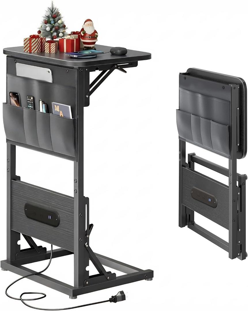 HLDIRECT C Shaped End Table with Charging Station, Couch Side Table with Storage Bag, Foldable TV Tray with 2 USB Ports and Outlets for Living Room, Bedroom, Black