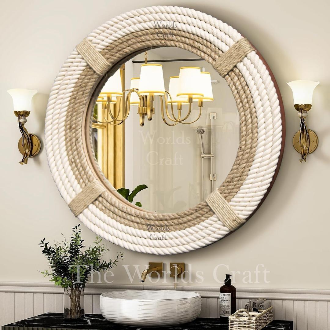 Nautical Hampton Round White Rope Mirror Twisted Rope Home Decor Art Wall Hanging Mirror Coastal Cotton Rope Mirror Wall Mounted Mirror Hanging | Home Deco (24 Inch)