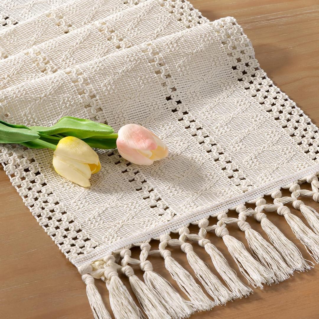 Socomi Boho Table Runner Valentine's Day Farmhouse Rustic Dining Kitchen Centerpiece Decor Small Macrame Woven Cotton Linen Coffee Table Runner for Dresser Scarf Home Decor 12x72 inch Beige