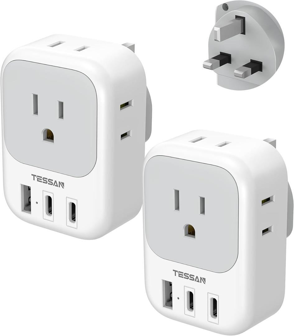 US to UK Plug Adapter 2 Pack, TESSAN Type G Adapter for Travel with 4 Outlets 3 USB (2 USB-C), Power Adaptor for US to UK Ireland London Scotland Kenya Dubai Singapore Hong Kong