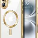 Hython Magnetic Clear for iPhone 16 Case with Camera Lens Protector [Compatible with MagSafe] Luxury Plating Edge Slim Soft TPU Cover Protective Phone Case for iPhone 16 6.1", Gold