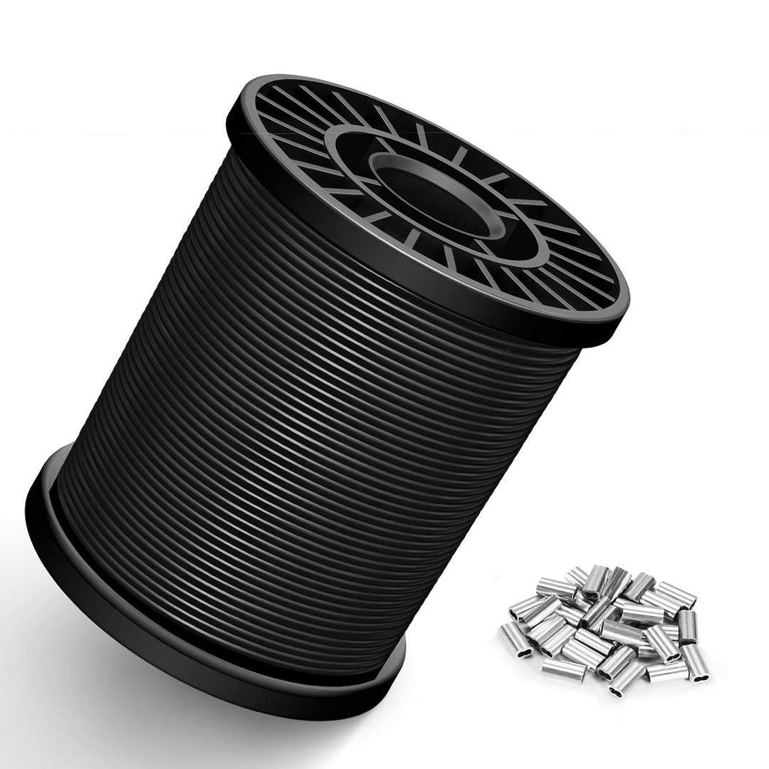 Black Vinyl Coated Wire Rope 1/16", 100FT 304 Stainless Steel Cable with 30PCS Aluminum Crimping Loop Sleeves for String Light Cable, Clotheslines, Trellis and Light Picuture Hanging