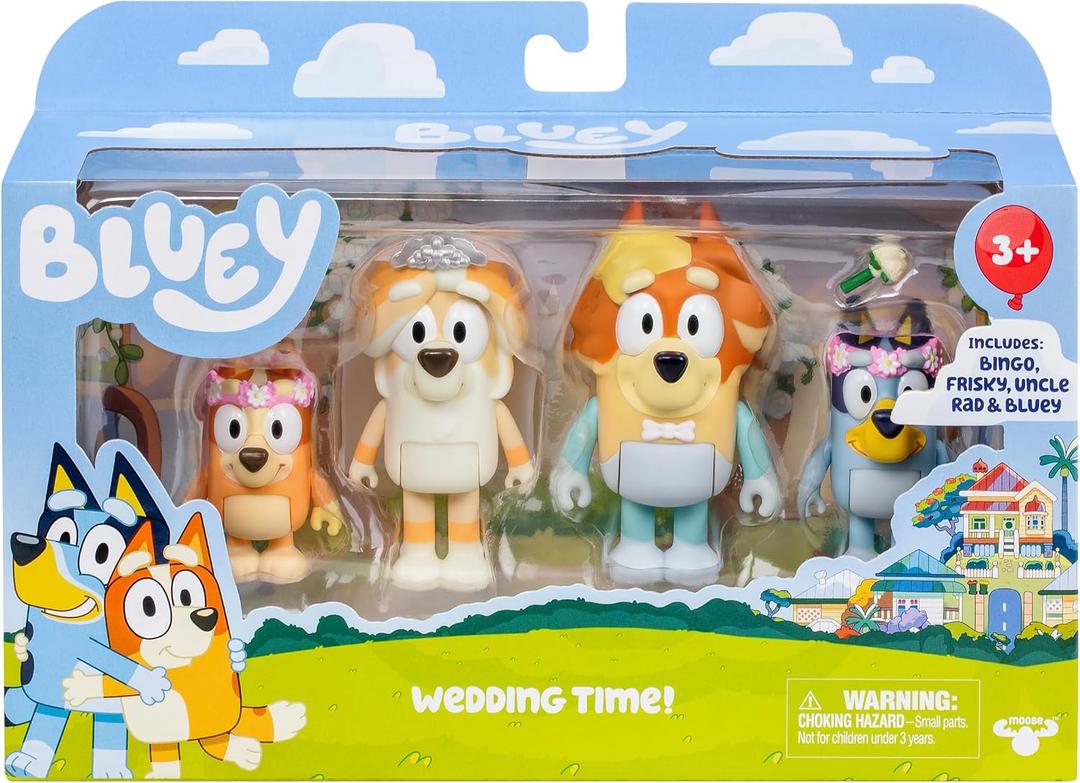 Bluey Wedding Figures Pack of 4, Articulated Character Toys with Uncle Rad, Frisky, and Flower Bingo Figurines, Action Figures for Kids Ages 3+