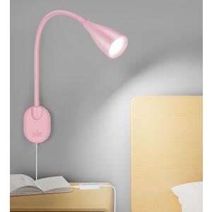 Wall-Mounted LED Bedside Reading Light with USB Charging Port, 10-Level Dimmable & Adjustable 5 Color, Plug-in Adhesive Night Lamp for Books in Bed, Eye-Caring Bedroom Lighting (Pink