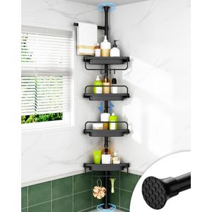 ALLZONE Corner Shower Caddy Tension Pole, Extendable Rustproof Stainless Steel Pole & 4-Tier Adjustable Shelves for Easy Drainage and Built-to-Last Stability, 34 to 116 Inches, Black