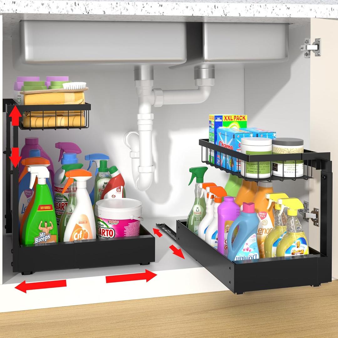 2-Pack Expandable Under Sink Organizers and Storage, 2-Tier Adjustable Pull-Out Cabinet Organizers, Slide-Out Shelves with Width (9.9"-15.7") & Height (11.6"-15.6") for Kitchen & Bathroom