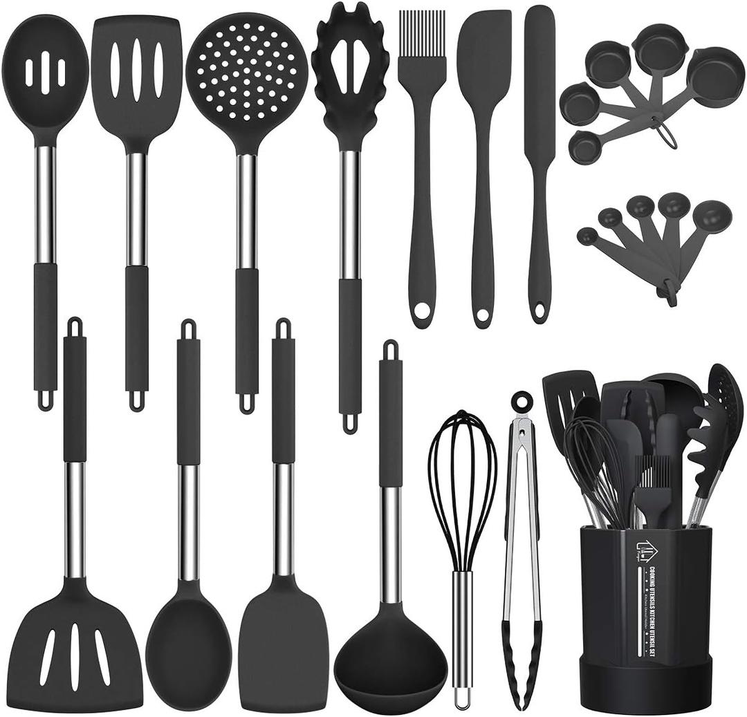 Silicone Cooking Utensil Set, Fungun Non-stick Kitchen Utensil 24 Pcs Cooking Utensils Set, Heat Resistant Cookware, Silicone Kitchen Tools Gift with Stainless Steel Handle (Black-24pcs)