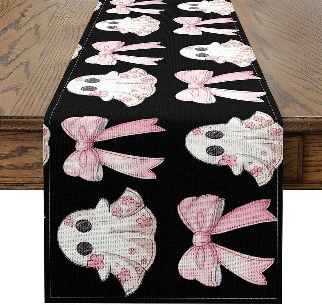 Cute Ghost Table Runners Halloween Bow Cloth for End Table, Pink Flowers Ghosts Cartoon Halloween Decor Bowknot Dresser Scarf 108"x13",Black