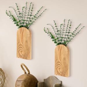 2 Pack 15" Wooden Wall Vase with 20 Pcs Artificial Eucalyptus Leaves Stems Planter, Boho Modern Farmhouse Bathroom Hanging Planter for Wedding, Hallway, Bedroom, Living Room