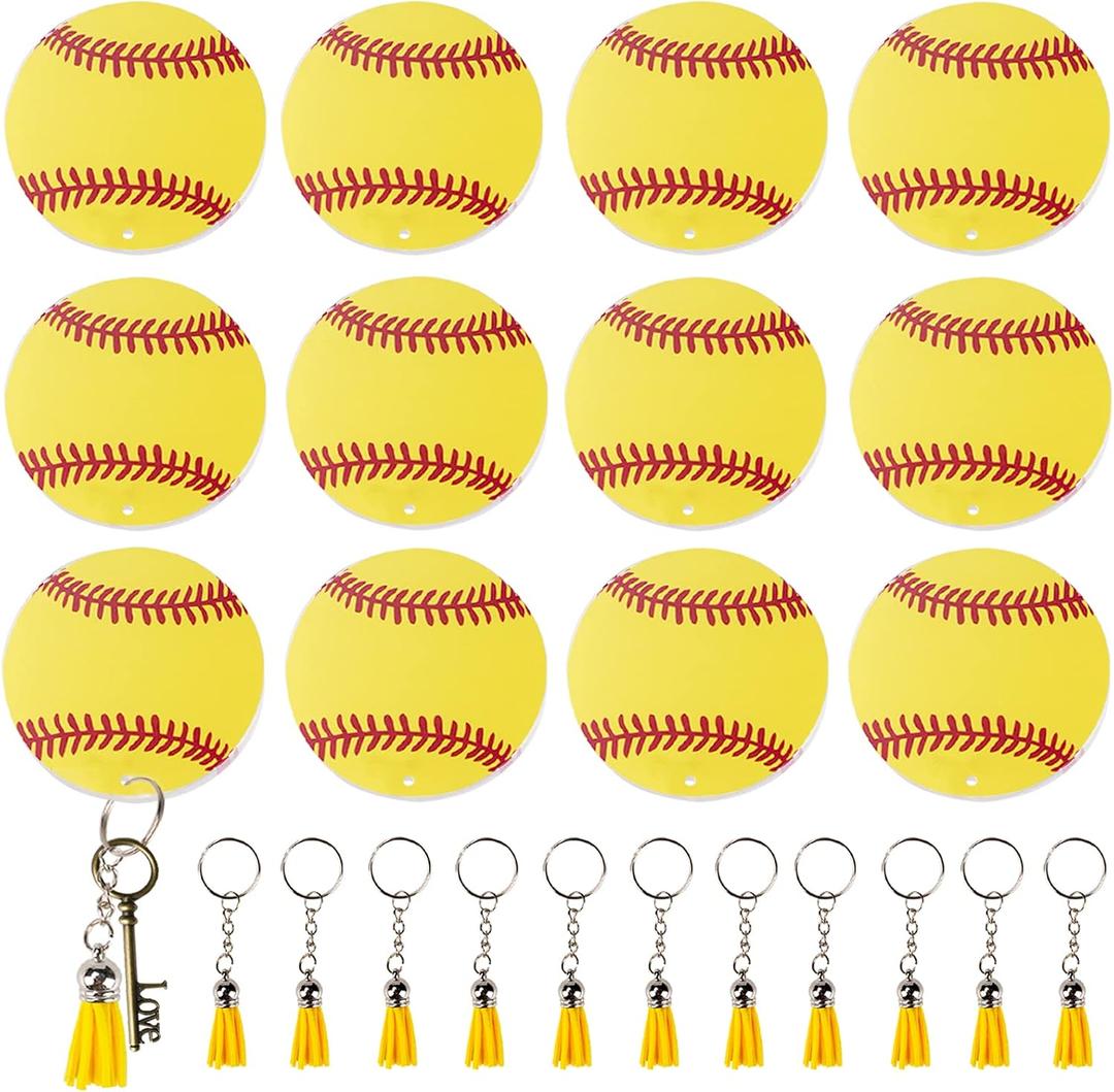 48PCS Baseball Acrylic Keychain Blanks Kit,12 Baseball Keychain,12 Baseball Tassels Charm,12 Key Rings,12 Jump Rings