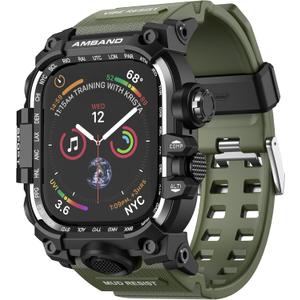 amBand Rugged Case with Band for Apple Watch 44mm, Compatible with iWatch Series SE 3/SE 2nd Generation/SE/6/5/4, Military Grade Shockproof Bumper Cover, Tactical Band for Men, Army Green