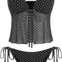 ZAFUL Tankini Swimsuits for Women Lace Trim Tie Front Textured High Cut Tanga Tankini Set, Small