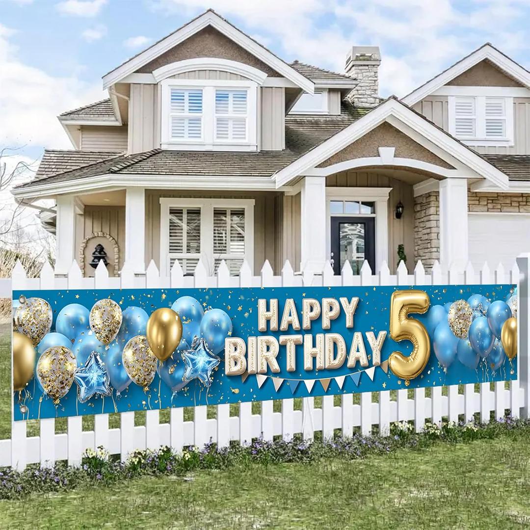 5th Happy Birthday Banner Blue Gold Birthday Backdrop Balloons Stars Confetti 118x20 inches Fun Party Decor Supplies for 5th Birthday Celebration Photo Backdrop Wall Hanging Decoration