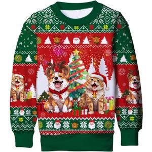 Enlifety 4-16T Kids Ugly Christmas Sweater Boys Xmas Sweatshirt Funny 3D Graphic Xmas Pullover (8-9 Years, Red Green)