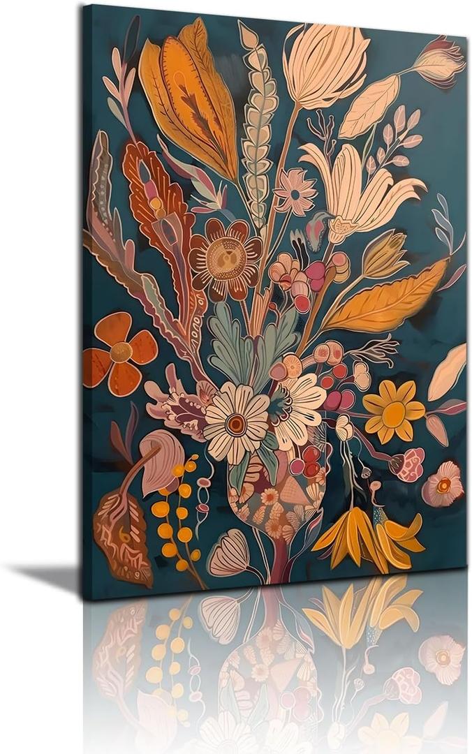 Boho Flower Canvas Wall Art Abstract Flower Plant Wall decor pictures Mid Century Modern Flowers Picture Prints Orange Floral Poster Artwork For Living Room Bedroom Home Decorations (24inx36in canvas) (36L" x 24W")