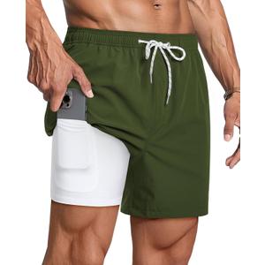 Gleeease Mens Swim Trunks 5 Inch with Compression Liner Mens Bathing Suit | Quick Dry Swim Trunks Men Zipper Pockets No-Chafe Stretch Drawstring Elastic Waistband Solid Board Short Beach Surf Fishing (Green, S)