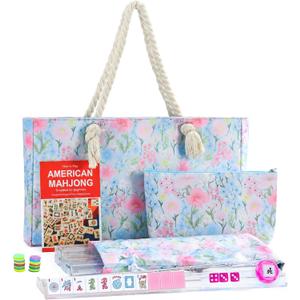 2026 American Mahjong Set Complete with Light Blue Carrying Bag, 166 Pink Engraved Melamine Mahjong Tiles（1.2"）, 4 All-in-One Transparent Mahjong Racks with Pushers, Majiang Tile Set