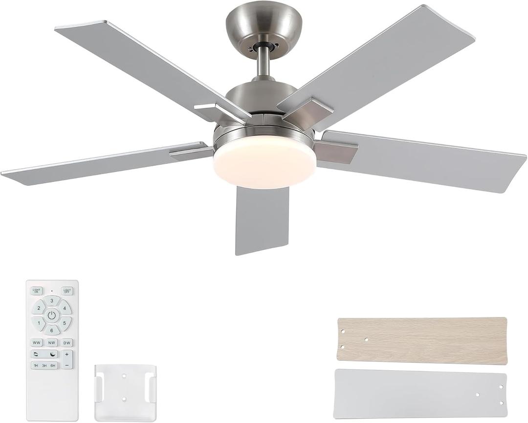 42 Inch Ceiling Fans with Lights and Remote, Brushed Nickel Ceiling Fan, 6 Speed Reversible DC Motor, 3CCT Dimmable LED, Modern Design for Bedroom, Living Room & Covered Outdoor,Includes Downrod
