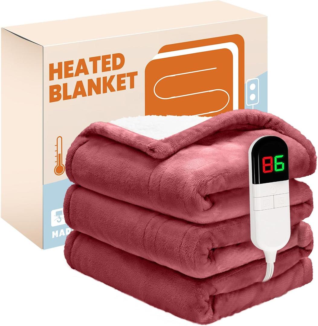 Electric Heated Blanket,Flannel & Sherpa Heated Throw Blanket 50"x60",Fast Heating Soft Fleece Blanket with 8 Heating Levels & 8H Auto Off-Winered