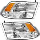 for 2009 2010 2011 2012 2013 2014 2015 2016 2017 2018 Dodge Ram Headlight Assembly compatible with 09-18 Ram 1500/10-18 Ram 2500 3500 Chrome Housing Amber Reflector Headlamp Replacement