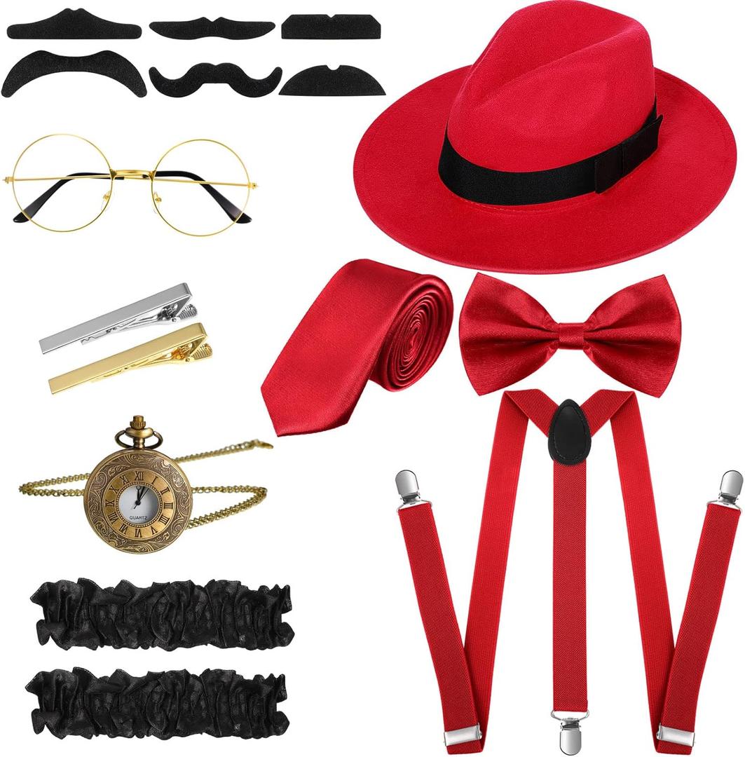 SATINIOR 1920s Old Men Costume Roaring Retro Accessories Set Gangster Hat Bow Tie Pocket Watch Suspender Glass Beard Tie Clip (Delicate Style, Red)