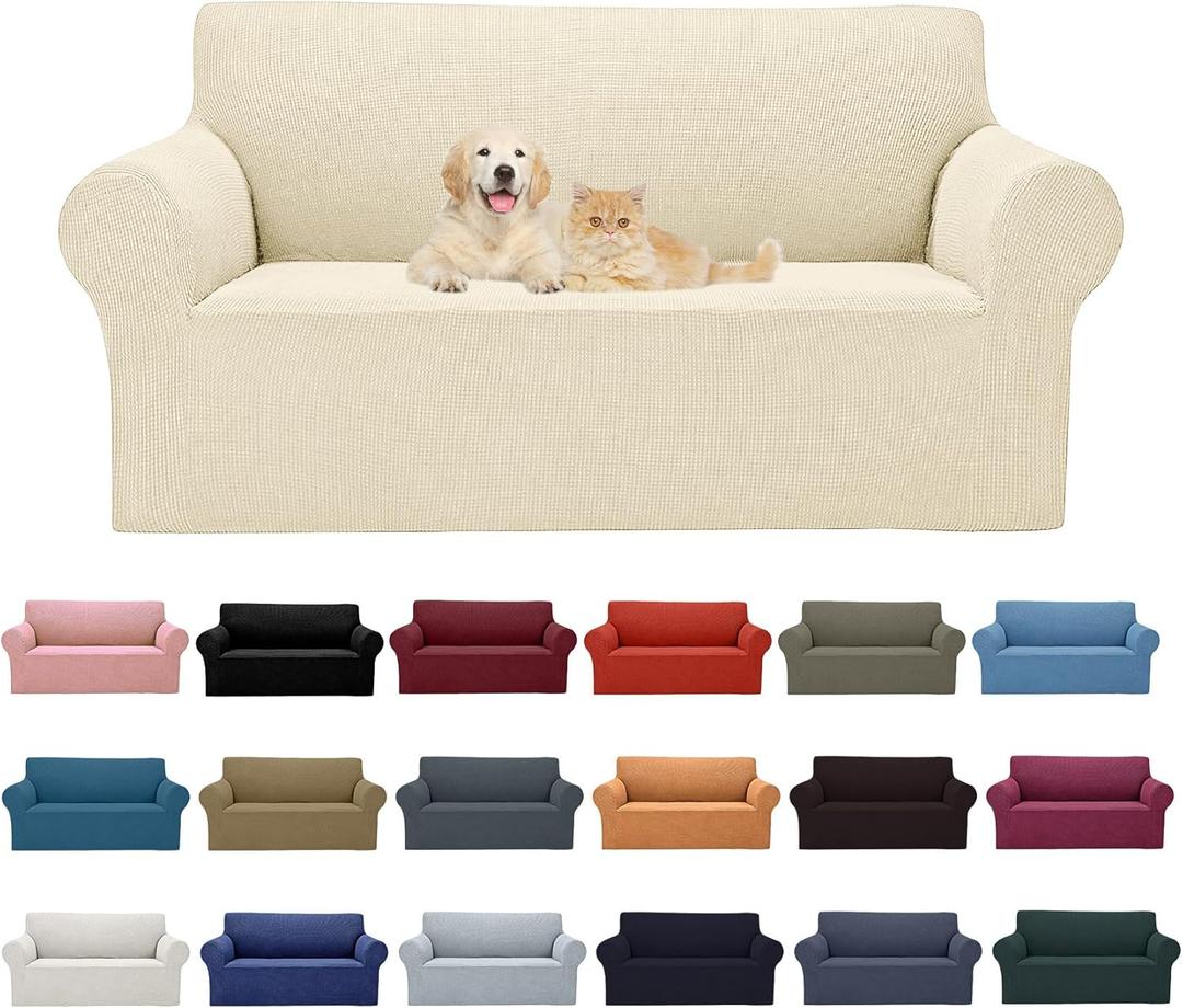 2025 New Stretch Loveseat Sofa Slipcovers Couch Cover for 2 Cushion Furniture Protector Sofa Covers with Elastic Bottom Jacquard Fabric Small Checks for Pets, Kids - Beige