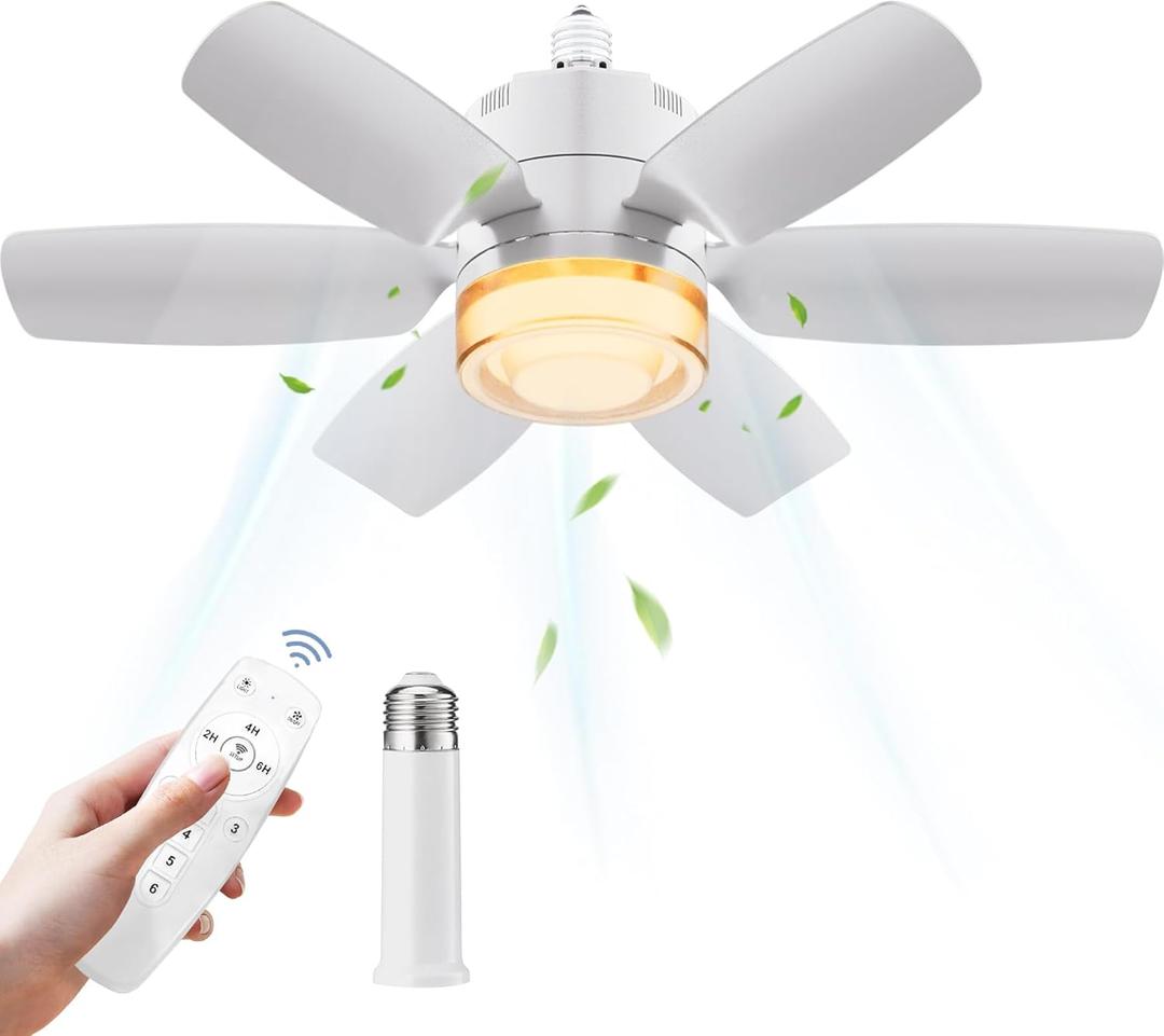 Socket Ceiling Fans with Lights and Remote, Socket Fan Llight, Dimmable LED Ceiling Fan with Lights,3 Colors 2800K-6500K, 1200 Lumens, Small Ceiling Fan for Bedroom, Kitchen, Living Room, Closet