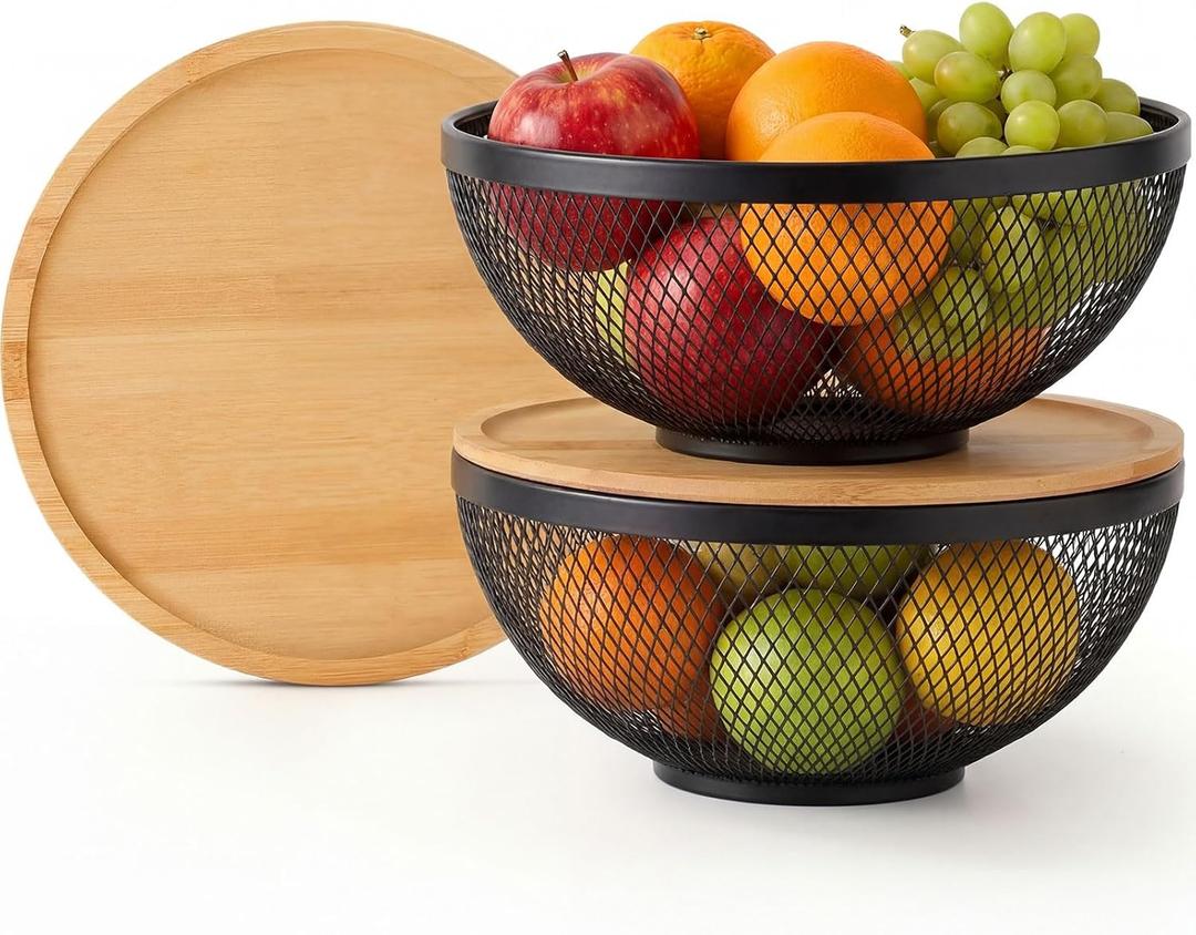 Yiyiring 2 Pack Mesh Fruit Basket with Lids, Stackable Baskets with Bamboo Lid Fruits Holder for Kitchen Countertop Fruit Bowl with Lid Versatile Produce Storage(Black,9.84 x 4.33 Inches)