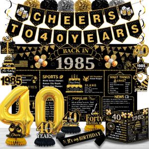 40th Birthday Decorations for Men Women, 22pcs Back in 1985 Banner Theme Decorations, 40 Number Balloons, Cheer 40th Backdrop, Guest Book, Honeycomb Centerpiece, Hanging Swirl, Paper Poms, Sash.