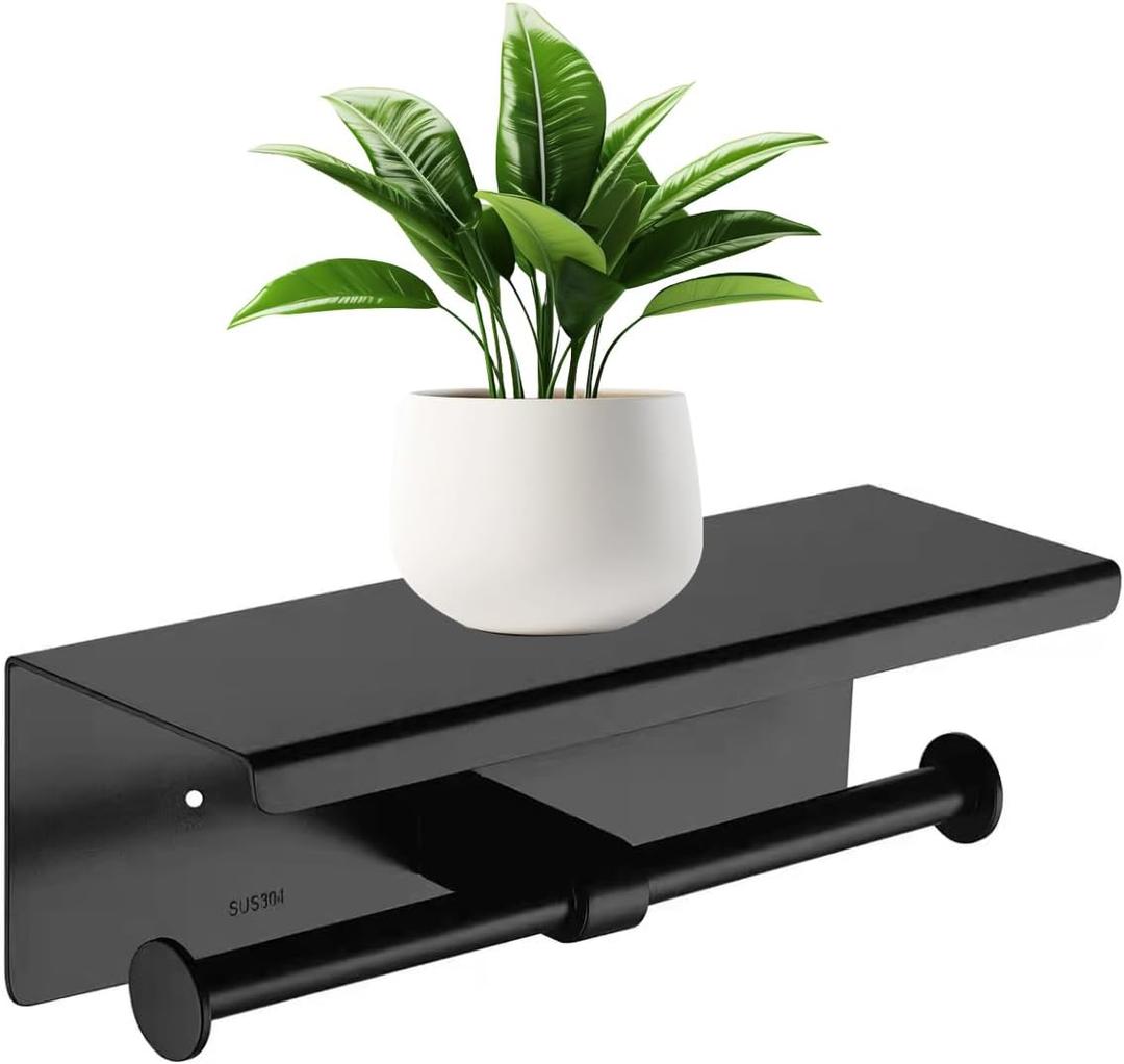 Double Toilet Paper Holder with Phone Shelf KWQKEM Dual Roll Tissue Holder Dispenser Wall Mounted SUS304 Commercial Stainless Steel Roll Holder Storage Cool Bathroom Accessory (Matte Black)